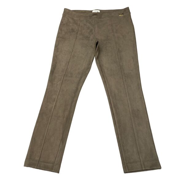 Calvin Klein Faux Suede Pants Womens Large Brown Elastic Waist Career Front Seam - Picture 1 of 13